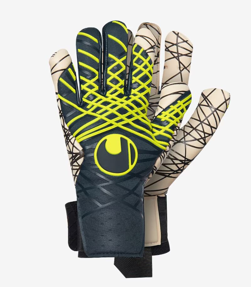 Uhlsport goalkeeper gloves in navy and yellow with geometric lined pattern